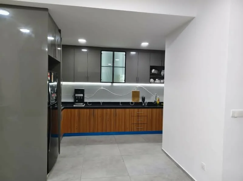 Kitchen features: grey cabinetry, wooden lower cabinets, black countertop, stainless-steel fridge, built-in coffee machine, kitchen sink, modern faucet, tile flooring, recessed downlights, window above sink, open shelving, microwave, dishwasher; style: modern.