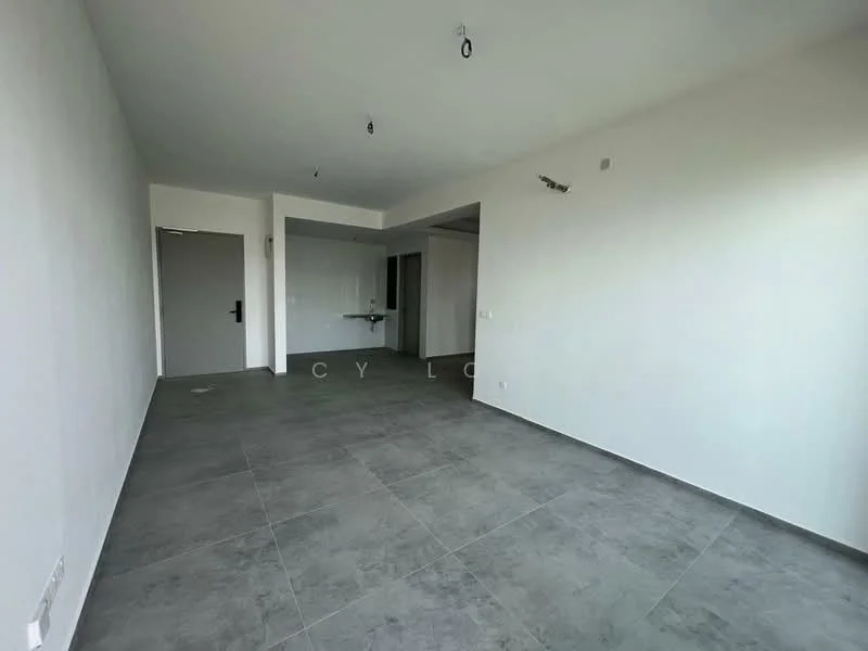 Room features: grey tile flooring, white painted walls, recessed ceiling lights, floor-to-ceiling windows, open layout, no visible furniture, neutral color scheme, single door entry; style: modern.