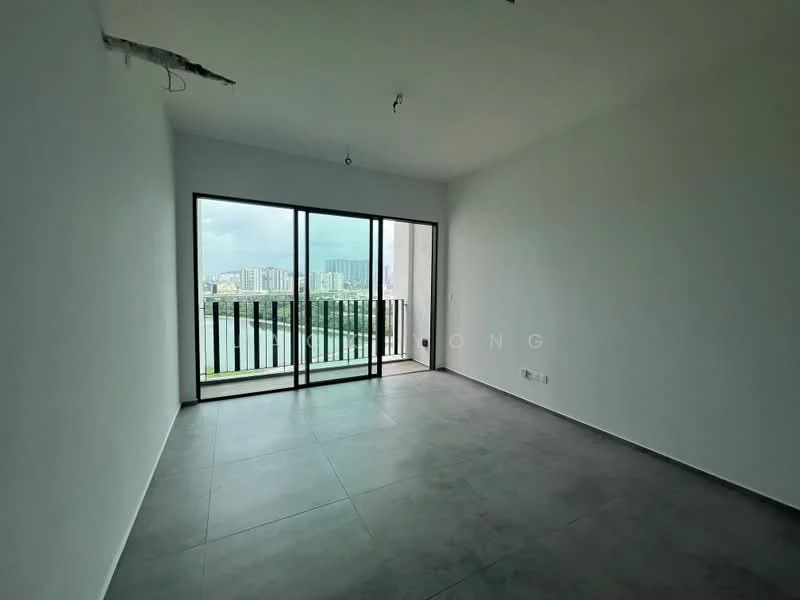 Room features: white painted walls, grey tile flooring, floor-to-ceiling windows, sliding glass door, balcony with railing, natural light from windows, city skyline view; style: modern; view: city.