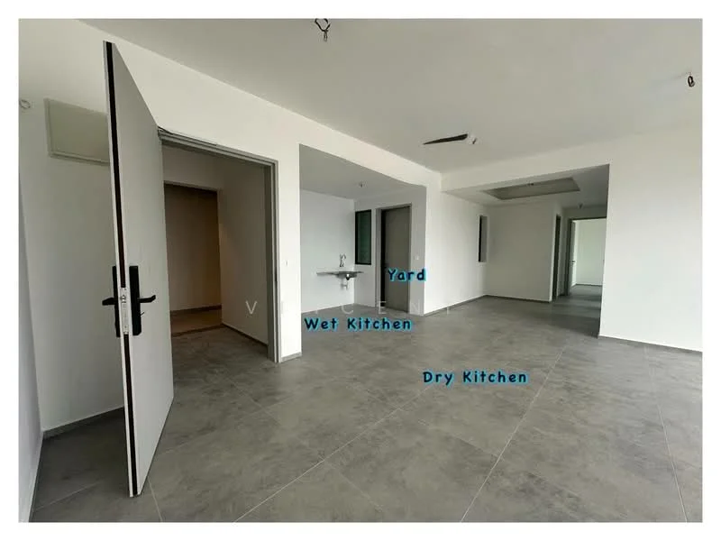 Floor plan: features: open-plan layout, dry kitchen area, wet kitchen area, yard area, spacious living area, large windows for natural light, grey tile flooring, central foyer, modern ceiling design.