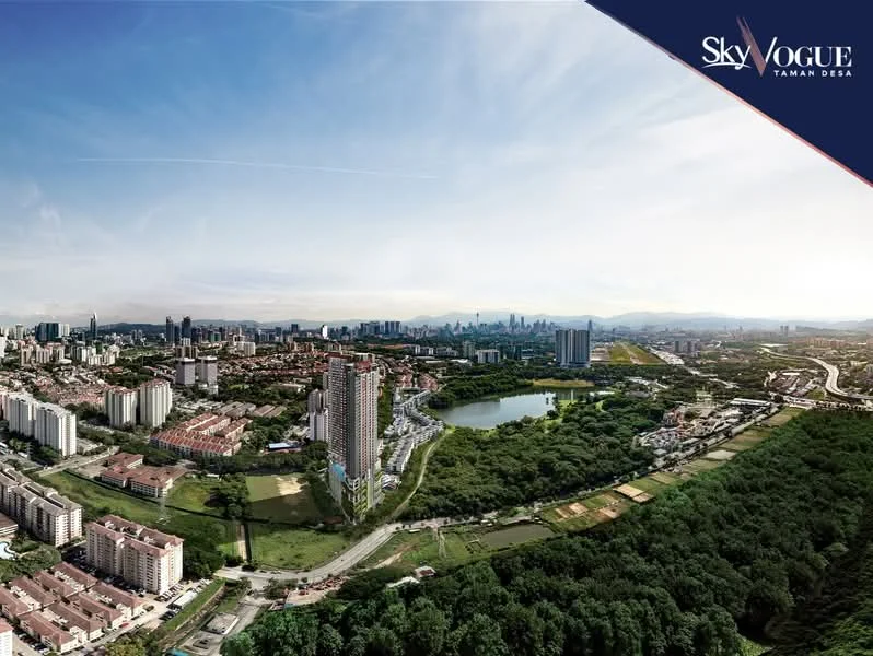 Exterior type: high-rise condominium; features: surrounded by greenery, city skyline in background, near a lake, urban landscape, multiple residential buildings, open green spaces, road access, proximity to amenities; style: modern.