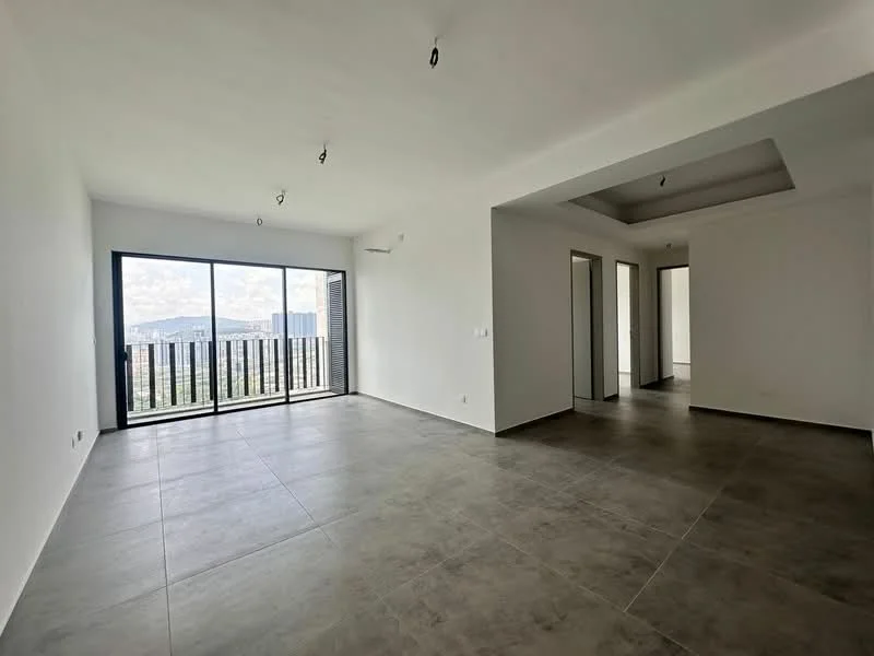 Living features: white painted walls, grey tile flooring, floor-to-ceiling windows, sliding glass door, recessed ceiling with lighting, open layout, city view, multiple light fixtures; style: modern; view: city. Room features: white painted walls, grey tile flooring, doorways leading to other rooms.
