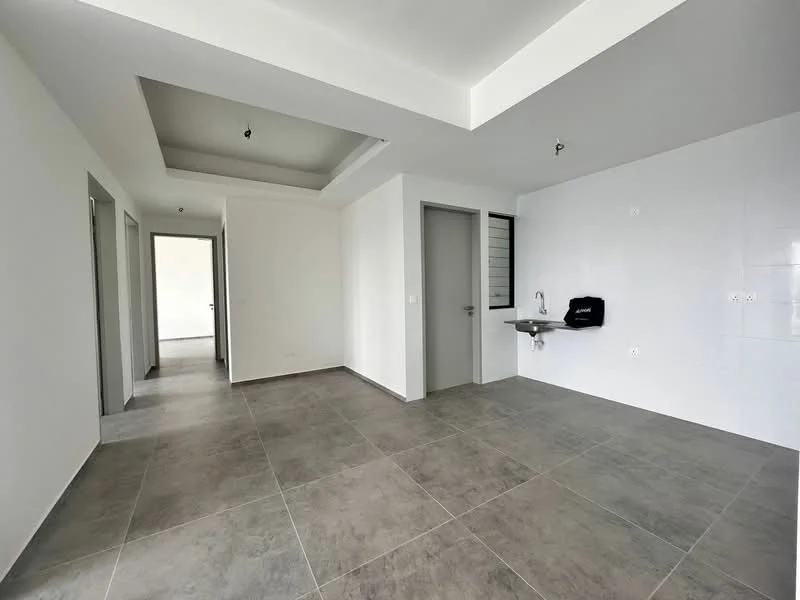 Room features: grey ceramic tile flooring, white painted walls, tray ceiling, recessed downlights, single wall-mounted sink, doorway leading to another room, doorway leading outside, large windows for natural light; style: modern.