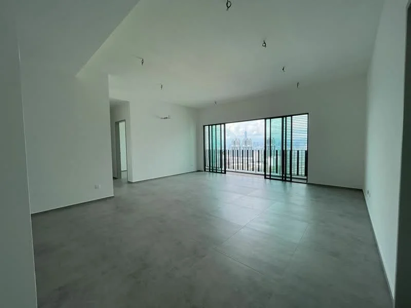 Living features: white painted walls, grey tile flooring, floor-to-ceiling windows, sliding glass door, recessed downlights, ceiling fan, open layout, city view; style: modern; view: city.