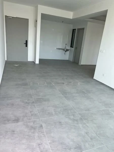 Room features: grey tile flooring, white painted walls, large window, single-bowl stainless-steel sink, wall-mounted faucet, open layout, no visible cabinetry, no visible appliances, neutral color scheme, minimalist design; style: modern.