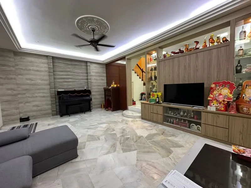Living features: grey fabric sectional sofa, marble flooring, recessed ceiling with LED lighting, wall-mounted TV, wooden TV console, decorative shelving with figurines, piano, staircase in background, decorative items on shelves, feature wall with wood paneling; style: modern.