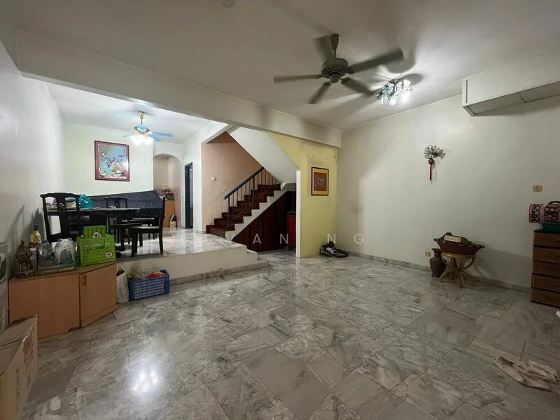 Living features: marble flooring, white painted walls, ceiling fan, recessed downlights, wall-mounted air conditioning unit, staircase leading to upper floor, dining table with chairs, wooden cabinet, decorative wall art, open layout, storage boxes, decorative plant; style: modern.