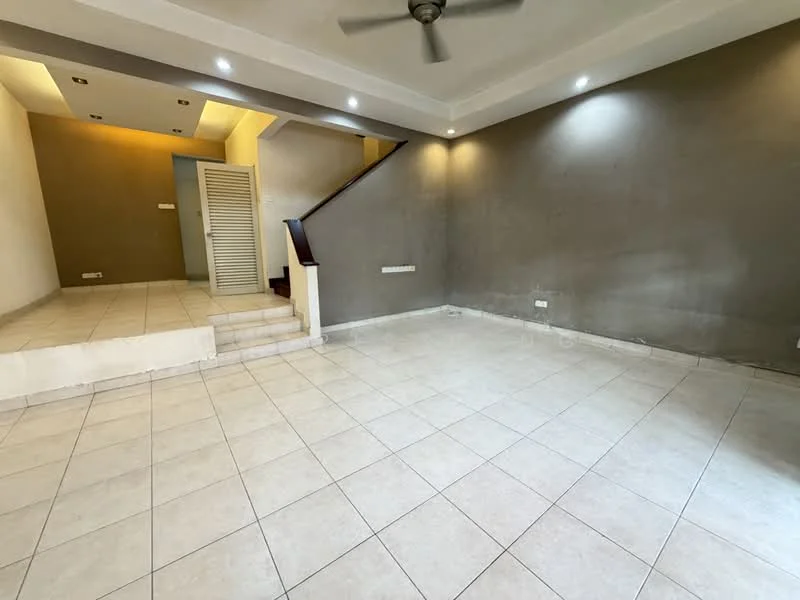 Living features: light-coloured ceramic tile flooring, grey painted walls, recessed downlights, 5-blade ceiling fan, staircase leading to upper floor, open layout, no visible furniture, natural light from windows, wall-mounted electrical outlets; style: modern.