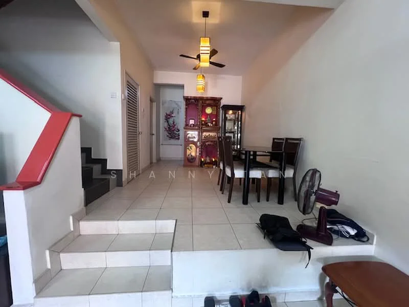 Room features: white painted walls, tile flooring, ceiling fan, dining table with chairs, display cabinet, staircase, decorative wall art, shoe rack, floor fan; style: modern.