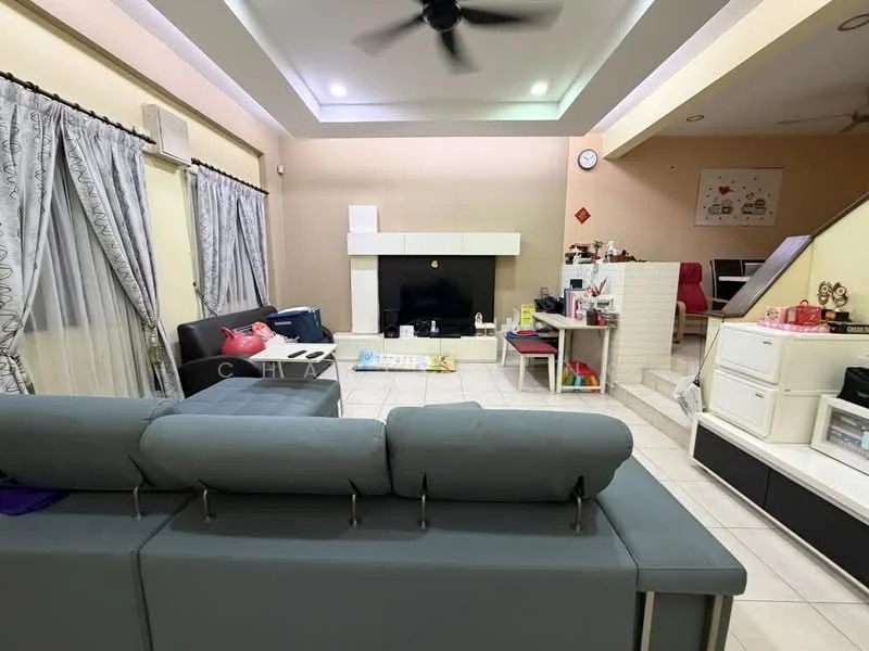 Living features: grey fabric sofa, white coffee table, black armchair, flat-screen TV on white console, white feature wall, recessed ceiling lights, ceiling fan, tiled flooring, curtains with floral pattern, decorative wall clock, open layout to dining area; style: modern.
