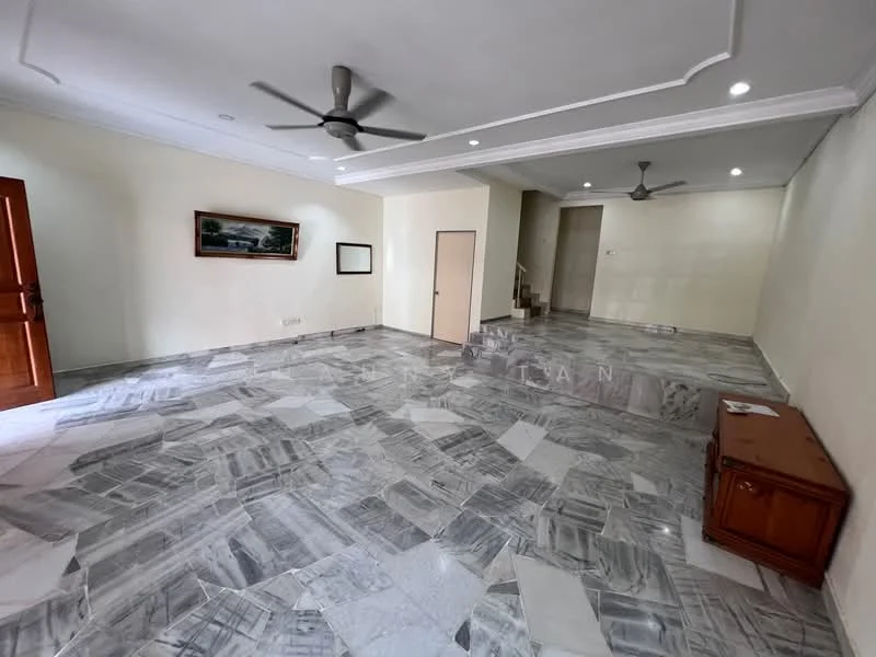 Living features: marble flooring, white painted walls, tray ceiling, 2 ceiling fans, large windows, wooden cabinet, staircase in background, recessed downlights; style: modern.