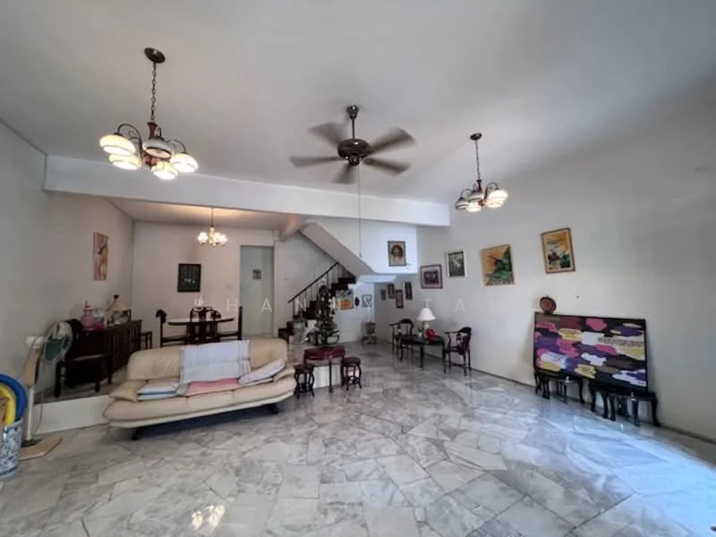 Living features: marble flooring, white painted walls, 5-blade ceiling fan, 3 pendant lights, sofa, wooden dining table, 4 dining chairs, decorative wall art, staircase in background, area rug; style: modern.