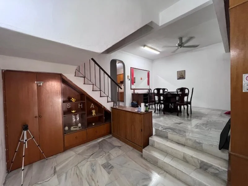Living features: marble flooring, white painted walls, ceiling fan, wooden staircase, dining table with chairs, built-in cabinet, decorative wall art, open layout; style: traditional.