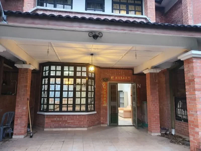 Room features: brick walls, tiled flooring, arched windows, hanging light fixture, door leading to interior, open layout, exposed ceiling, corner seating area; style: traditional.