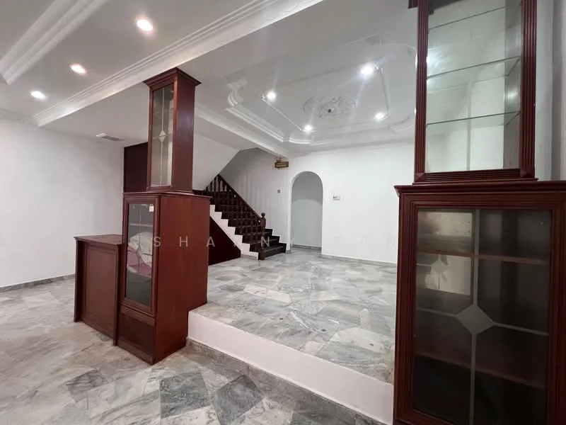 Room features: marble flooring, white painted walls, crown moulding, staircase with wooden railing, built-in display cabinet with glass doors, recessed downlights, ceiling rose, open space layout; style: modern.