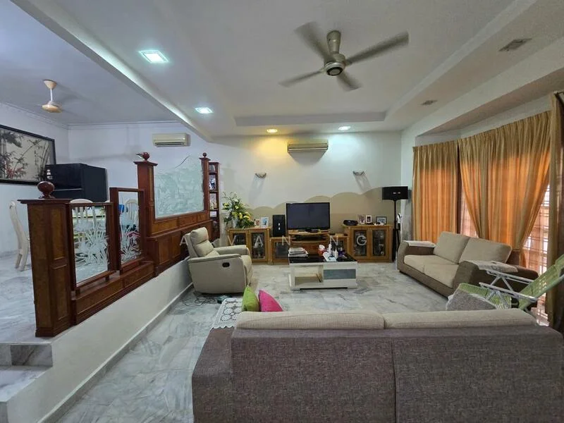 Living features: 2-seater fabric sofa in beige, 3-seater fabric sofa in grey, coffee table, wall-mounted TV, TV console, ceiling fan, recessed downlights, marble flooring, decorative wall with wooden paneling, curtains in light brown, area rug with geometric pattern, decorative plants in pots; style: modern. Dining features: dining table with chairs, decorative wall with artwork, ceiling-mounted air conditioning unit; style: modern.