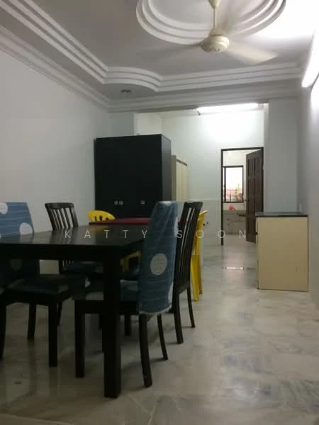 Dining features: dining table with black finish, 6 dining chairs with blue upholstery, yellow chair, ceiling fan, white painted walls, marble flooring, recessed ceiling with decorative molding, open layout to kitchen, kitchen cabinet visible in background, doorway leading to hallway; style: modern.
