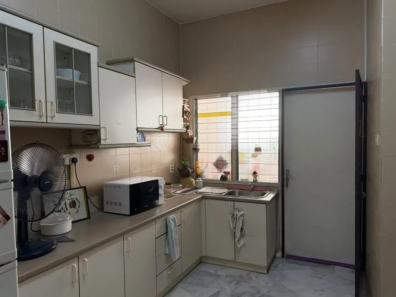 Kitchen features: white cabinetry with glass-front upper cabinets, laminate countertop, single-bowl stainless-steel sink, chrome pull-down faucet, built-in microwave, freestanding fridge, ceramic tile flooring, wall-mounted fan, window with metal grille, neutral painted walls, door leading to exterior; style: modern.