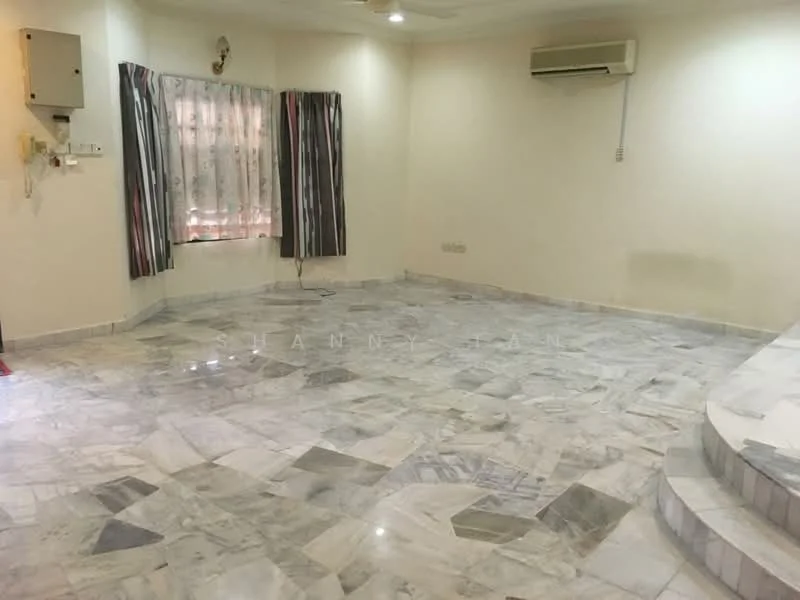 Living features: marble flooring, white painted walls, recessed downlights, wall-mounted split AC, floor-to-ceiling window with sheer curtains, decorative curtain rods, corner step-up area, multiple electrical outlets; style: modern.