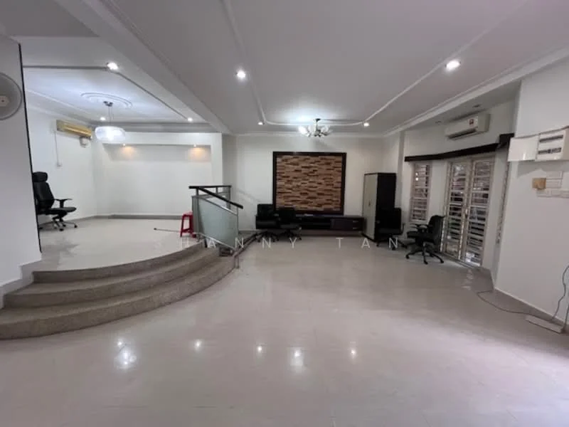 Living features: cream painted walls, white ceiling with recessed downlights, marble tile flooring, ceiling fan, decorative wall with stone cladding, large windows with window treatments, glass railing, open layout, air conditioning unit; style: modern.