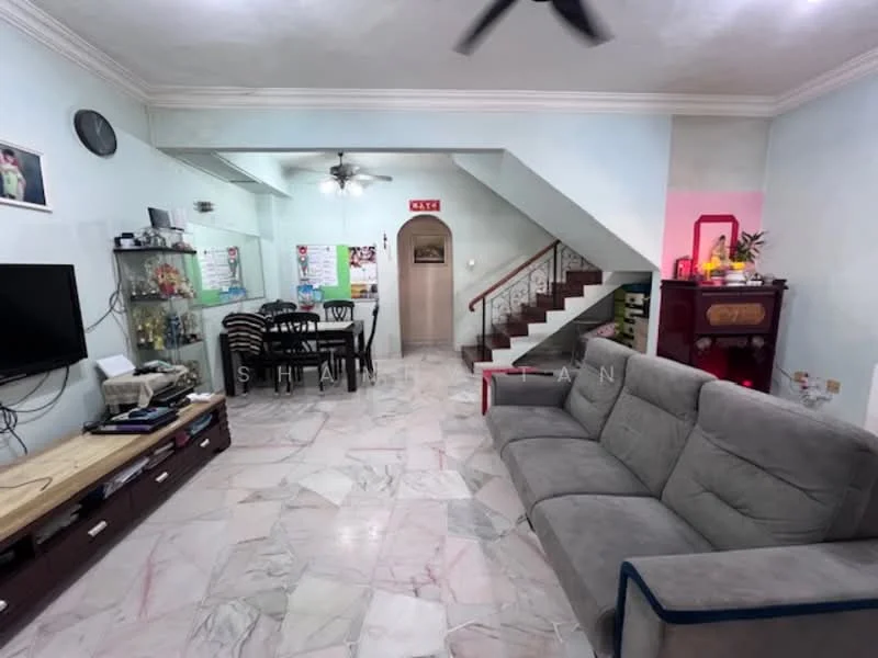 Living features: grey fabric sofa, wooden coffee table, wall-mounted TV, TV console with drawers, marble flooring, ceiling fan, decorative wall clock, glass display cabinet, staircase leading to upper floor, painted walls in light blue, dining area visible in background, light fixture on ceiling; style: modern.