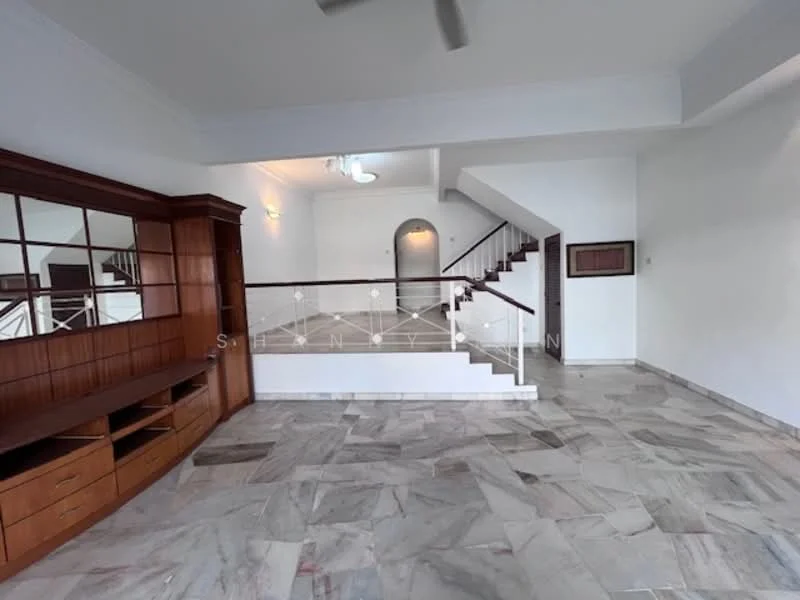 Living features: marble flooring, white painted walls, wooden cabinetry, built-in shelving unit, ceiling fan, staircase with wooden handrail, arched doorway, recessed lighting; style: modern.