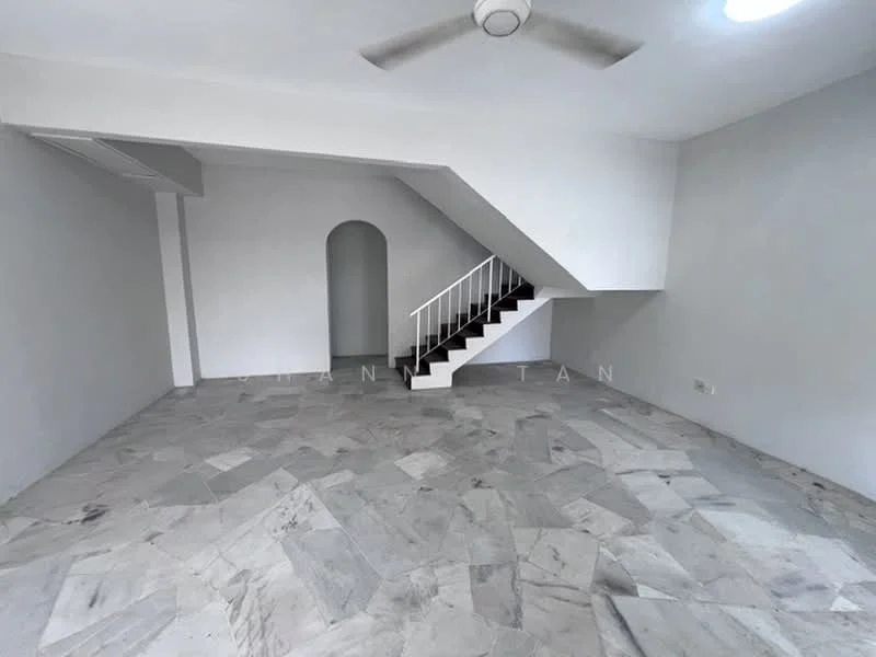 Room features: marble flooring, white painted walls, ceiling fan, staircase with white railing, arched doorway, natural light from window, no visible furniture, open layout; style: minimalist.