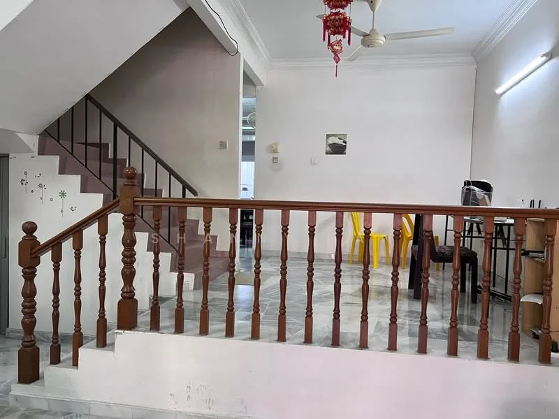 Living features: wooden railing, marble flooring, white painted walls, ceiling fan, staircase, decorative wall decals, natural light from windows, open layout; style: modern. Room features: white painted walls, ceiling light, furniture in background.