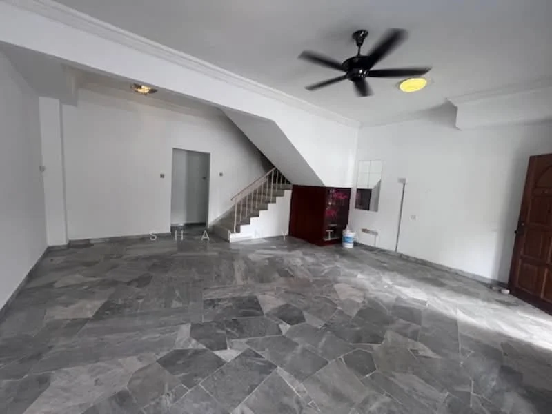 Room features: grey marble flooring, white painted walls, ceiling fan, staircase, wooden door, window with no treatments, built-in cabinet, recessed lighting; style: modern.