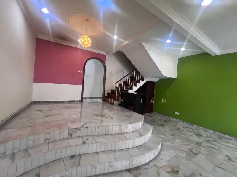 Living features: marble flooring, white painted walls, pink accent wall, green accent wall, recessed downlights, chandelier, staircase, arched doorway, crown moulding; style: modern.