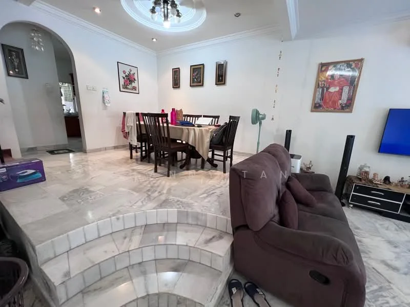 Living features: marble flooring, tray ceiling with recessed lighting, 3-seater fabric sofa in brown, coffee table, wall-mounted TV, decorative wall art, floor fan, area rug, dining table with 6 chairs, open layout to dining area; style: contemporary.