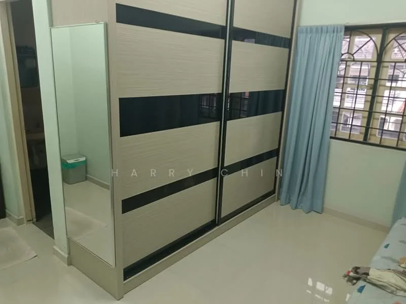 Bedroom features: built-in wardrobe with sliding doors, mirrored panel on wardrobe, light green painted walls, white tiled flooring, floor-to-ceiling window, curtains in light blue, bedside rug, single bed with bedding; style: modern.