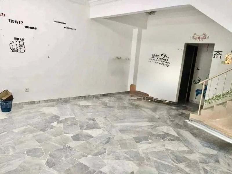 Room features: grey marble flooring, white painted walls, staircase with railing, decorative wall art, light fixture on ceiling; style: modern.