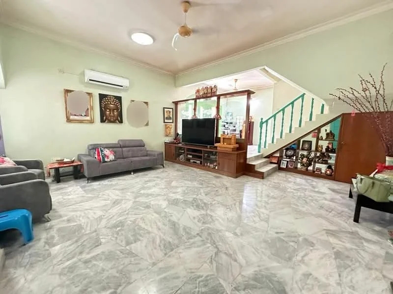 Living features: marble flooring, light green painted walls, ceiling fan, wall-mounted air conditioning unit, TV console with decorative items, sofa in grey fabric, 2-seater grey fabric sofa, decorative wall art, staircase leading to upper floor, open shelving with collectibles, large window for natural light; style: traditional.