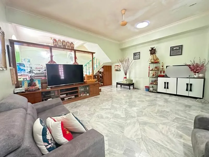 Living features: grey fabric sofa, marble flooring, wall-mounted TV, TV console, decorative plants, ceiling fan, recessed lighting, large window, wooden staircase, display cabinet, decorative wall art; style: modern.