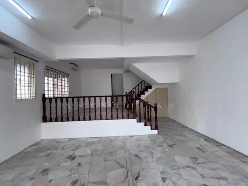 Room features: marble flooring, white painted walls, ceiling fan, staircase with wooden railing, large windows, open layout, natural light, high ceiling; style: modern.