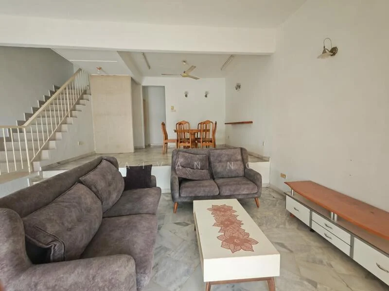 Living features: grey fabric sofa, 2-seater sofa, 3-seater sofa, coffee table with decorative runner, TV console with storage, marble flooring, white painted walls, ceiling fan, wall-mounted light fixture, dining table with chairs in background; style: modern.
