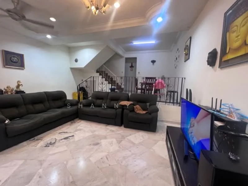 Living features: black leather sectional sofa, marble flooring, ceiling fan, chandelier, wall-mounted TV, TV console, decorative wall art, staircase in background, open layout, light-colored walls, decorative wall clock; style: modern.