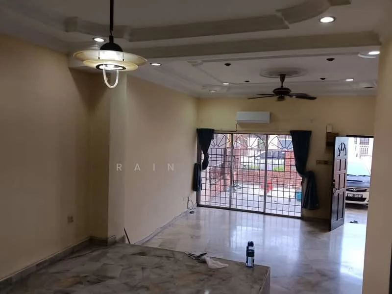 Living features: marble flooring, cream painted walls, tray ceiling with recessed lighting, 5-blade ceiling fan, floor-to-ceiling windows, sliding glass door, curtains, wall-mounted split AC, decorative light fixture, open layout, access to outdoor area; style: modern; view: garden.