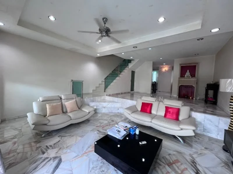 Living features: marble flooring, white painted walls, 5-blade ceiling fan with light, recessed downlights, two modern sofas in light grey, black coffee table, decorative cushions in pink, open layout with steps leading to upper level, glass railing, wall-mounted decor, natural light from windows; style: modern.