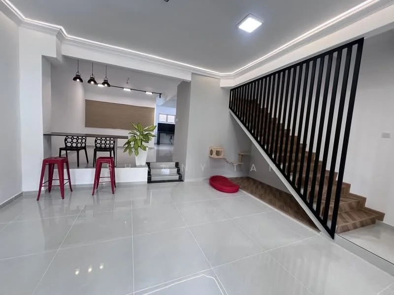 Living features: glossy grey tile flooring, white painted walls, recessed LED downlights, black metal railing, staircase with wooden steps, bar counter with high stools, decorative plant, red pet bed, open layout to kitchen, natural light from windows; style: modern.