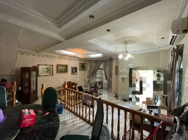 Living features: cream painted walls, marble flooring, tray ceiling with chandelier, recessed downlights, floor-to-ceiling windows with sheer curtains, wooden display cabinet, decorative wall art, ceiling fan, dining table with green upholstered chairs, sofa, area rug; style: traditional.