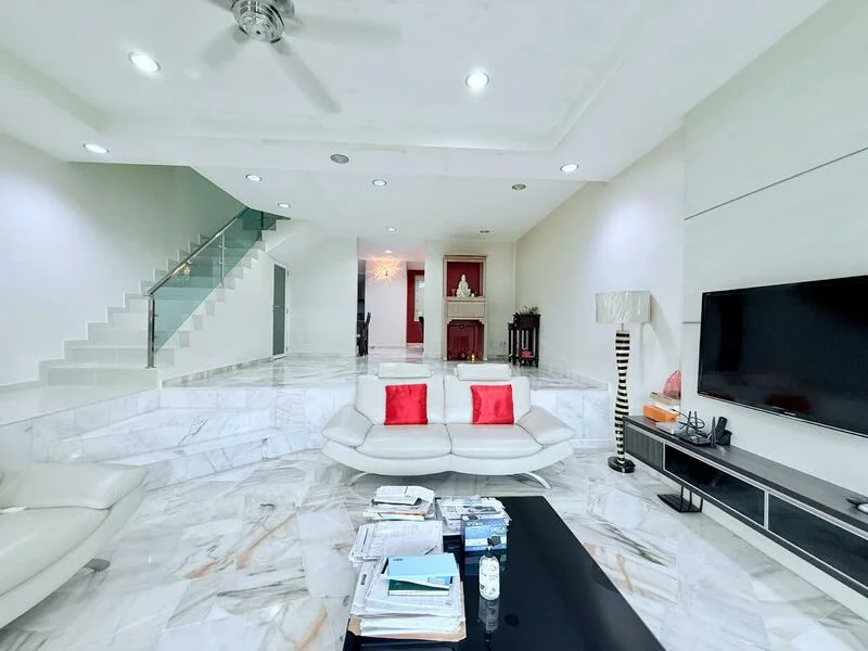Living features: white marble flooring, recessed downlights, 5-blade ceiling fan, large wall-mounted TV, black TV console, white sofa with red cushions, coffee table, decorative lamp, open layout, staircase with glass railing, neutral wall color, decorative wall feature; style: modern.