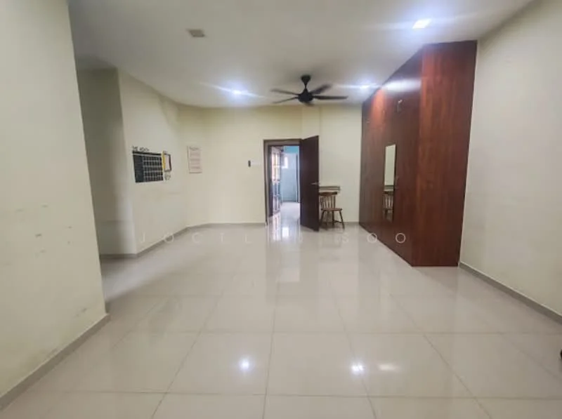 Living features: white painted walls, polished ceramic tile flooring, 5-blade ceiling fan, wood panel accent wall, full-length mirror, doorway leading to another room, window with natural light, open layout; style: modern.
