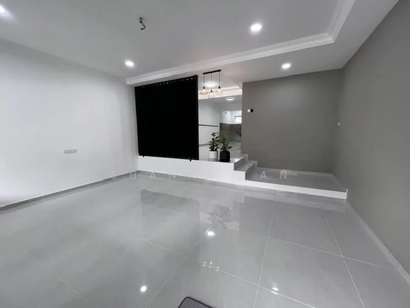 Living features: grey painted walls, white painted walls, polished ceramic tile flooring, recessed downlights, ceiling rose, black curtains, staircase leading to upper level, indoor plant in pot; style: modern.