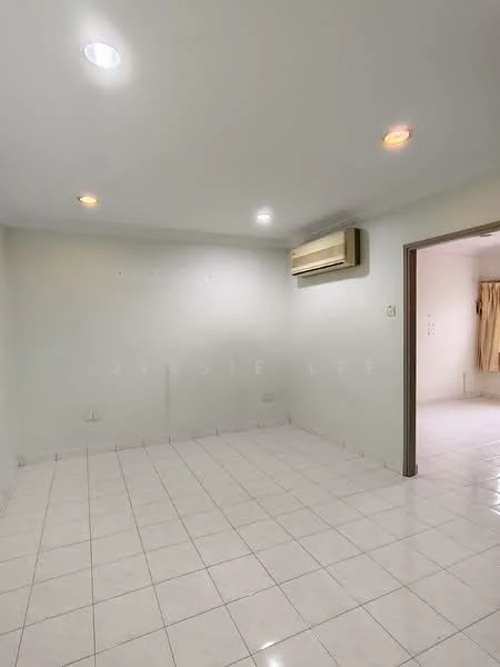 Room features: white painted walls, white tiled flooring, recessed downlights, 1 wall-mounted split AC, 2 ceiling spotlights, neutral color scheme, no visible furniture, corner entry door; style: modern.