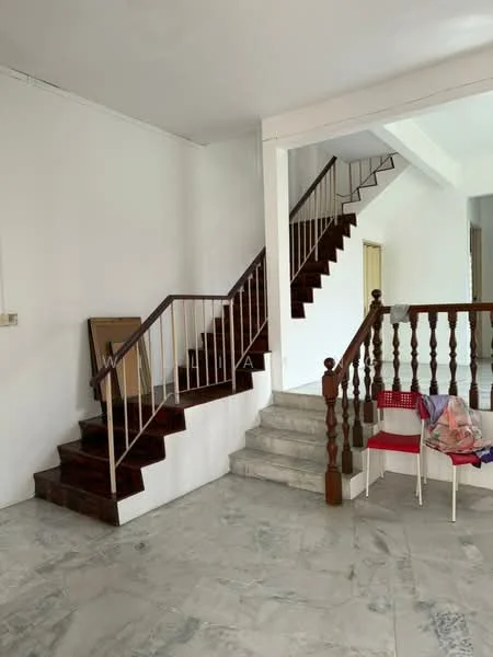 Room features: marble flooring, white painted walls, wooden staircase, metal railing, open space, natural light from windows, staircase landing, decorative wooden balustrade; style: modern.