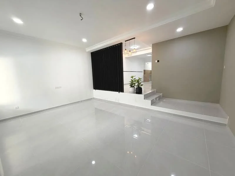 Living features: white painted walls, grey accent wall, glossy ceramic tile flooring, recessed downlights, chandelier, black curtains, potted plant, step-up area, open layout, natural light, smooth ceiling, minimalist decor; style: modern.