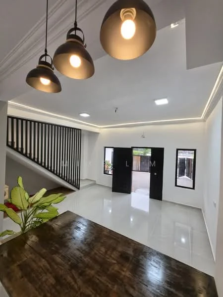 Living features: white painted walls, polished ceramic tile flooring, tray ceiling with recessed lighting, 3 pendant lights, floor-to-ceiling windows, double doors leading outside, black railing staircase, decorative plant, LED ceiling lights; style: modern.