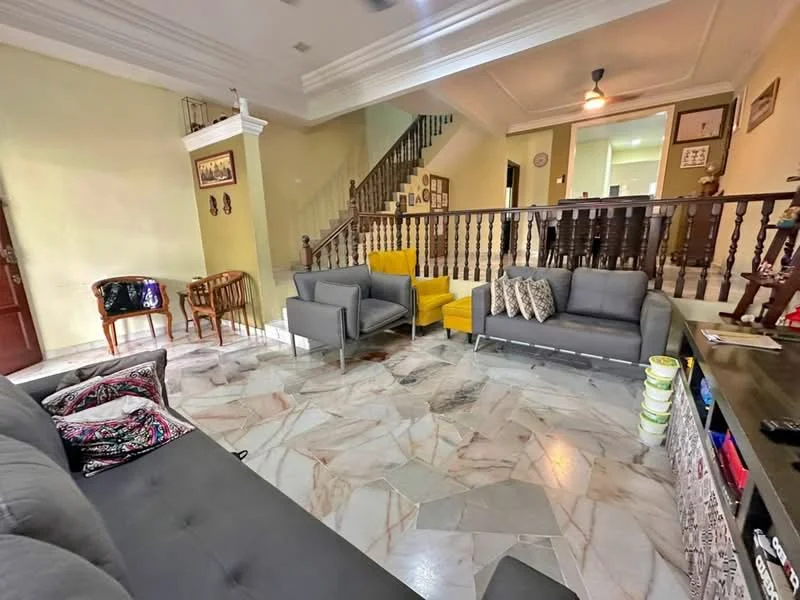 Living features: grey fabric sofa, 2 armchairs in light grey, yellow accent chair, marble flooring, decorative throw pillows, wooden railing, staircase in background, wall-mounted TV unit, ceiling fan with light, wall art, side table, open layout; style: modern.